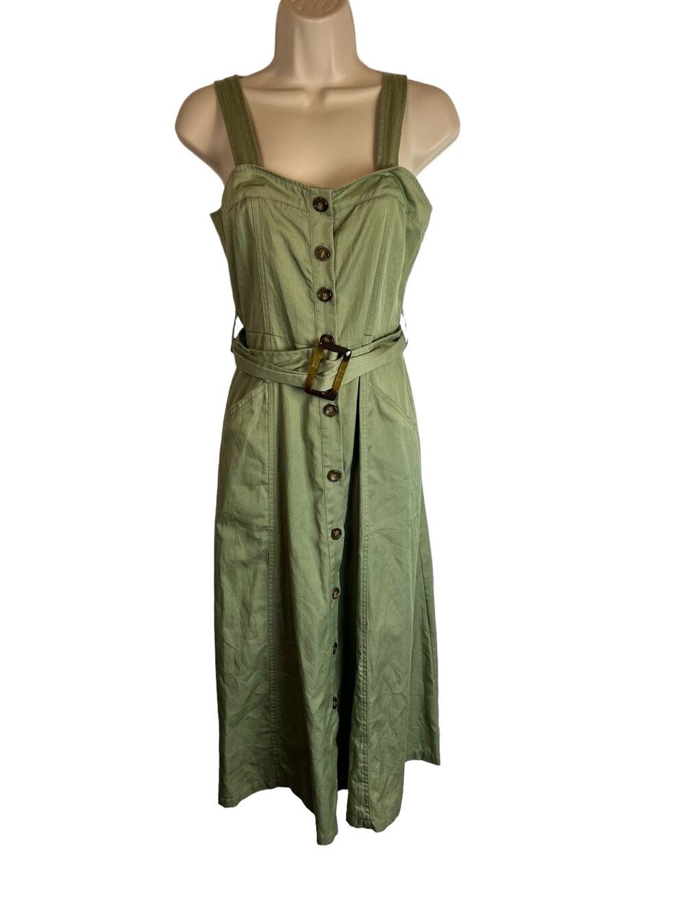 Dazzlin Olive Green Tie Front Midi Dress Belted Minimal Sleeveless Cottagecore